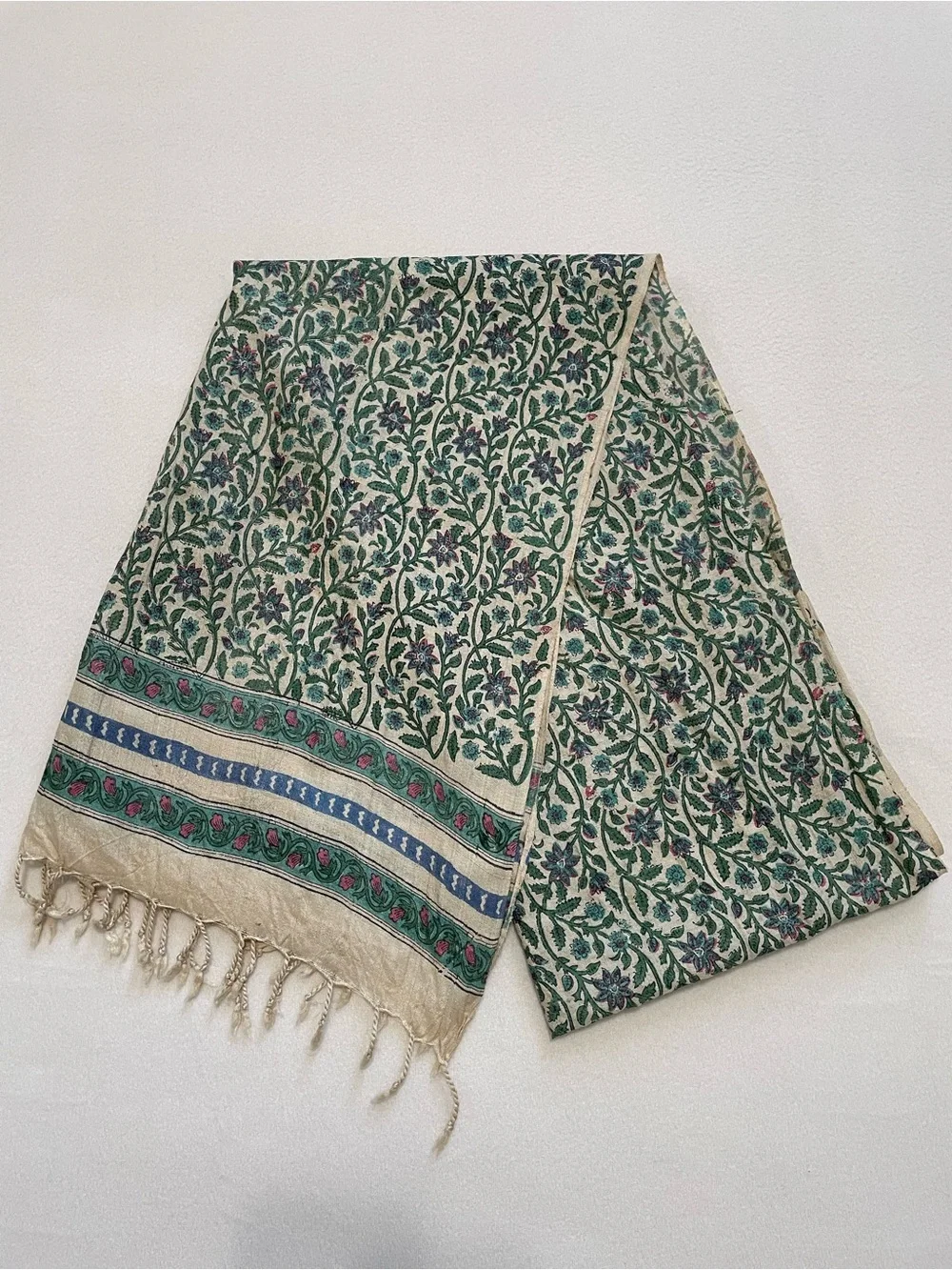 Back to Basics Vintage Floral Scarf Green Cream Boho Fringe Shawl Wrap Organic